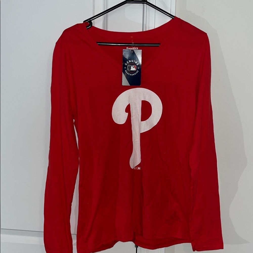New w/Tag Red Big P Logo Philadelphia Phillies Baseball LS Sexy V-Neck T Shirt S